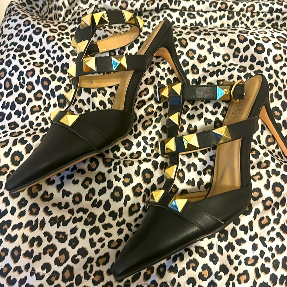 Edgy Black Ankle Strap Stiletto with Gold Studding Size 12 New